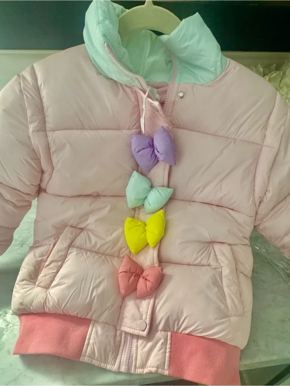 Kids Pink Puffer Jacket with Multicolor Bows - Brand: